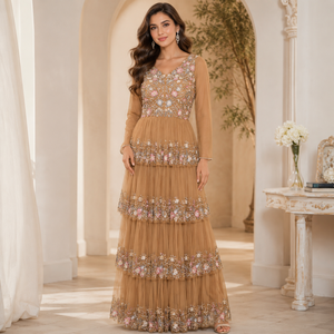 Luxury Beige Floral Embroidered Maxi Dress Women V Neck Long Sleeve Tiered Tulle Gown Beaded Wedding Party Formal Bridal Evening - Product Image 3