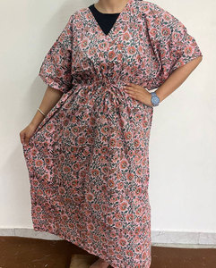 Vestido Kaftán Estampado de Algodón Transpirable para Mujer, Perfecto para Uso Diario y Vacaciones - Product Image 1