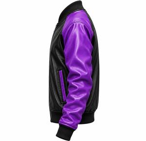 Blouson bomber en cuir PU pour homme, noir et violet, à col montant, coupe-vent, fermeture éclair, style décontracté - Product Image 3
