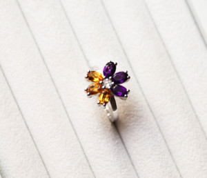 Natural Citrine and Amethyst Gemstone Marquise-Cut Floral <b>Solitaire</b> 925 <b>Silver</b> Cluster <b>Ring</b> - Product Image 1