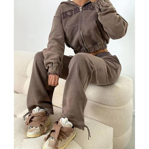 Women's Custom <b>Patch</b> Flock Print Embroidery Washed Cropped Oversized Distressed Acid Wash Cotton Fabric Zip Sweatpants Set - Product Image 5