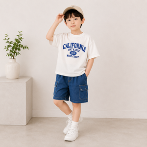 Shorts amples en sergé de coton pour garçons, couleur kaki, 100 % coton tissé, bas décontractés durables pour enfants, vente en gros - Product Image 1