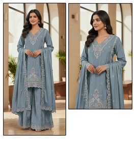 Traje pakistaní de fiesta tradicional para mujer, de chinon pesado y puro, con 2 parches bordados, dupatta pesada de secado rápido. - Product Image 5