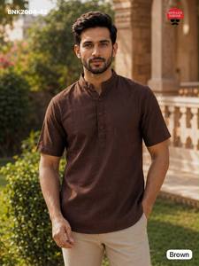 High Quality Khadi Linen with Solid & Half Sleeve Mandarin Collar & Side Slit <b>Man's</b> Short <b>Kurta</b> Collection Supplier from Surat - Product Image 2