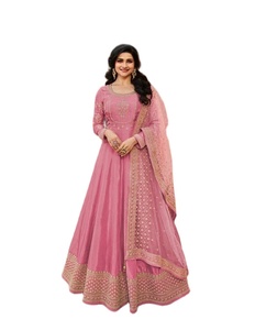 Traje Anarkali Moderno de Seda Rosa Bordado, Semi-Confeccionado, Colección India/Pakistaní para Fiestas, Salwar Kameez Largo Hasta el Suelo - Product Image 1