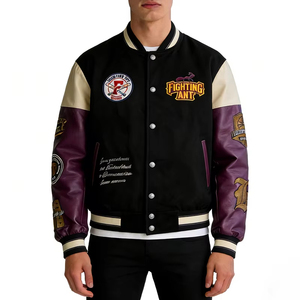 Chaqueta Varsity Fighting Ant para Hombre, Negra, Beige y Morada, de Cuero PU, con Parches Bordados, Diseño Casual para Otoño, con Botones - Product Image 1