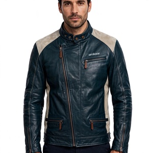 Amkoor Men's Genuine Leather Motorcycle <b>Jacket</b> <b>Slim</b> <b>Fit</b> Stand Collar Zipper Closure Solid Color Autumn Biker <b>Jacket</b> - Product Image 1