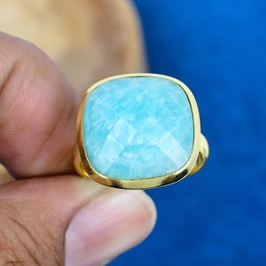 Bague en argent sterling 925 avec pierre précieuse amazonite naturelle faite à la main en forme de coussin, micro-plaqué or 18 carats - Product Image 2