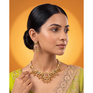 <b>Indian</b> Ethnic Artificial Jewellery-Sanchita Heritage Delicate Gold Plated Steel <b>Necklace</b> & Earring <b>Set</b> for Festivals - Product Image 1