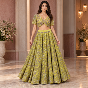 Conjunto de Lehenga Floral Adornado con Blusa Corta de Manga Corta y Cuello en V |   Conjunto de Falda Larga Amarillo Verde con Vuelo Completo para Fiesta - Product Image 2