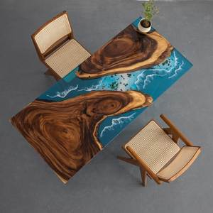 Table de salle à manger en chêne européen moderne faite à la main avec résine époxy, bord naturel bleu, 6 places, pour hôtel et entrée - Product Image 3