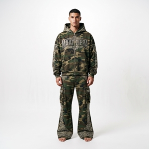 Mens <b>Camouflage</b> <b>Cargo</b> Tracksuit Zip Up Hoodie Rhinestone Embroidery Wide Leg Pants Custom Streetwear Sportswear Set - Product Image 1