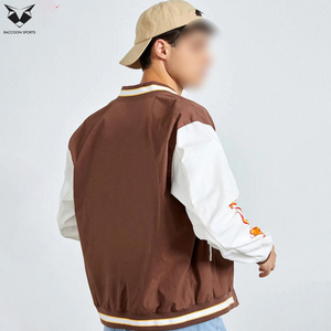 Streetwear Brown & <b>White</b> Contrast Trendy With Embroidery & Patch Snap Closure Multiple Pockets College Baseball <b>Jackets</b> - Product Image 2