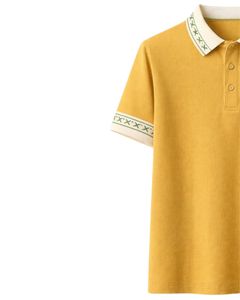 เสื้อโปโลผู้ชายสีเหลืองมัสตาร์ดแบบสั่งทำพิเศษ ผ้าคอตตอนผสม สวมใส่สบาย แขนสั้น เหมาะสำหรับฤดูร้อน ดีไซน์ปกและปลายแขนเสื้อพิมพ์ลายตัดกัน - Product Image 3