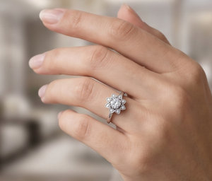 Floral Halo Lab Grown Diamond <b>Ring</b> for Women, Heart Petal Cluster Engagement <b>Ring</b>, Round Cut Diamond Look <b>Statement</b> <b>Ring</b> - Product Image 1