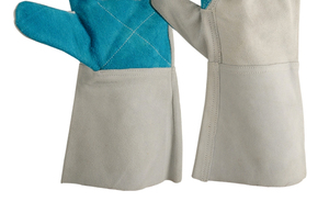 Leather Welding <b>Gloves</b> with Cotton Lined Blue Palm Reinforcement Inset Thumb Gray Cuff for TIG MIG Use - Product Image 2