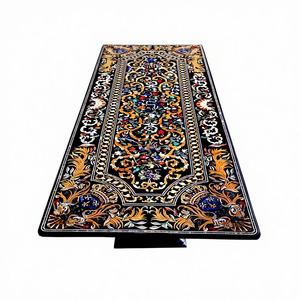 Plateau de table à manger en marbre noir Royal Look, incrustation de pierres semi-précieuses, plateau de table pour restaurant et hôtel - Product Image 1