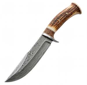 Couteau utilitaire à lame fixe en acier Damas fait main avec manche en bois de cerf et étui en cuir - Product Image 3