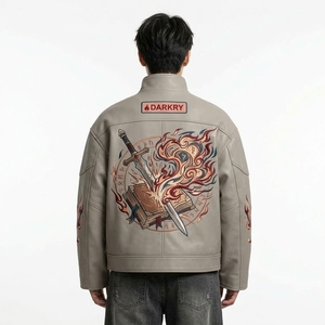 Genuine Leather <b>Jacket</b> <b>Chinese</b> Style Embroidered Flame Pattern Stand Collar Zipper Closure Autumn Wear Regular Fit - Product Image 2
