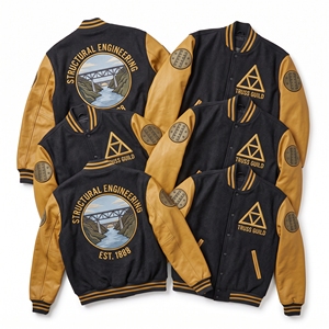 Veste universitaire en gros, corps en laine vert forêt, manches en cuir marron, style Letterman, motif 'Subterranean Realm Stone Cave Stalagmite' - Product Image 4