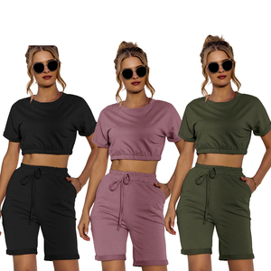 Conjunto de Top Corto y Pantalones Cortos de Color Sólido Casual para Mujer, Cuello Redondo, Manga Corta, Cintura con Cordón, Algodón Ligero, Atuendo de Verano - Product Image 1