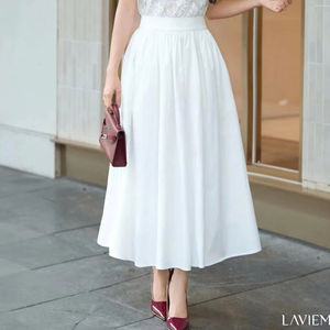 Trendy White Long Flared Pleated Women's <b>Maxi</b> <b>Skirt</b> | Jiah <b>Skirt</b> for Elegant Casual Office Wear | LAVIEM - Product Image 1