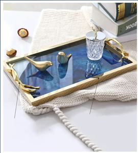 Plateau de service rectangulaire long en métal à motif agate bleue, avec cadre doré et design corde, idéal pour le Ramadan et les mariages, passe au lave-vaisselle - Product Image 2