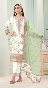 Dhwaja Export <b>White</b> Fox Georgette Semi Stitched <b>Suit</b> With Embroidery Sequence Work - Product Image 4