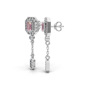 IGI Certified Lab Grown <b>Diamond</b> Pink Emerald Cut Halo Chain Drop <b>Earrings</b> in 18K Gold <b>Dangle</b> <b>Earring</b> - Product Image 2