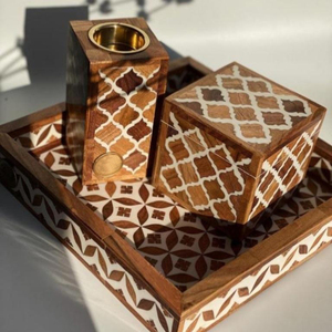 Ensemble d'encensoirs en bois exquis avec un design en treillis blanc orné, boîte de rangement pour Bakhoor et plateau de présentation pour l'aromathérapie - Product Image 4
