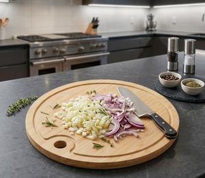 Planche à découper ronde en bambou avec rainure pour jus et coupelle à sauce, planche de service en bambou naturel multi-usages, fabriquée au Vietnam - Product Image 6