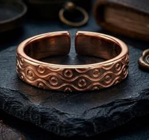 Bague ouverte en cuivre pur massif, style vintage, motif tressé torsadé, surface à bordure à rainures superposées et bord plat - Product Image 3