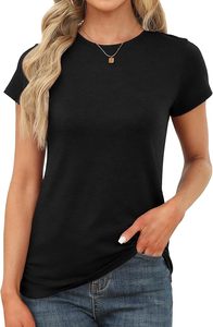 Camiseta de Manga Corta con Cuello Redondo Negra para Mujer, Corte Ajustado, Informal, de Color Sólido, de Algodón Jersey, para Primavera y Verano - Product Image 6