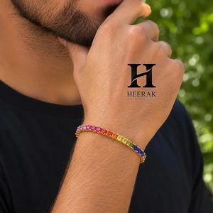 Men's Rainbow Gradient Tennis Necklace Gold Plated Colorful Multi <b>Gemstone</b> Iced Out Choker Chain Jewelry - Product Image 5