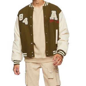 OEM Sportswear Wool Body Leather Sleeve Varsity Jacket Top Quality College Men's Olive Cream Reversible Winter Men's Jackets - Product Image 3