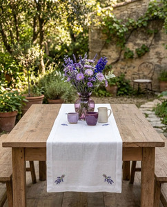 Wholesale Customized Vintage White Linen Table <b>Runners</b> Embroidered Lavender Hemstitch <b>Washable</b> Durable for Wedding Restaurant - Product Image 1