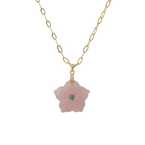 Collar con Colgante de Flor de Cuarzo Rosa, Chapado en Oro, con Gema Rosa y Cuarzo Verde Tallado a Mano, Regalo Hecho a Mano - Product Image 2