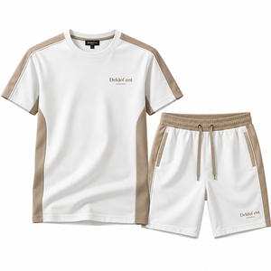 Minimal <b>Men</b> <b>White</b> Beige T Shirt <b>Shorts</b> Co Ord Outfit Clean Panel Design Premium Casual Summer Wear Private Label Clothing - Product Image 4