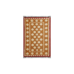 Tapis Kilim Rectangulaire Fait Main en Laine et Acrylique à Motif Géométrique Rouge Orange Beige pour Décoration de Salon - Product Image 2