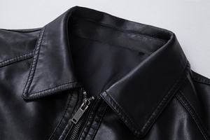 Veste en cuir PU pour homme, couleur unie, col rabattu, coupe ajustée, manches classiques, fermeture éclair, style motard, vêtement d'automne - Product Image 5