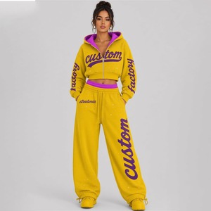 Conjunto de sudadera corta amarilla y pantalones anchos para mujer, con estampado gráfico de diamantes de imitación, ropa informal de calle, conjunto de dos piezas a juego - Product Image 2