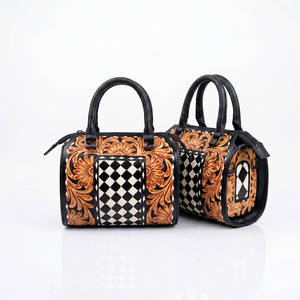 Sac de voyage en cuir de luxe, motif floral orange et à carreaux noirs, fermeture éclair, design durable - Product Image 2
