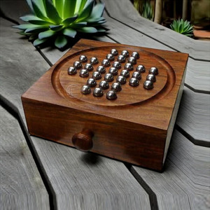 Handcrafted Wooden Peg Solitaire Board Game Featuring Metal Marbles And Storage Drawer For Modern <b>Puzzle</b> Strategy For Family Fun - Product Image 2