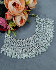 Royal Cubic Zirconia Choker Necklace Set with Mang tika & Earrings Rhodium Plated Jewellery Set Wedding Reception Wear Jewellery - Product Image 5