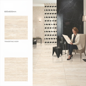 Carreaux de porcelaine vitrifiée brillants Travertino Ivory 60x60cm, aspect pierre travertin, résistants aux acides, revêtement de sol commercial haut de gamme - Product Image 4