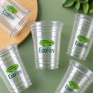 Gobelets en plastique transparent jetables EcoRev ECO38 ronds avec couvercles, diamètre 98 mm, logo feuille verte imprimé en sérigraphie, pour boissons - Product Image 4