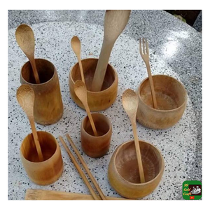 Ensemble de tasses en bambou naturel du Vietnam avec cuillères et baguettes en bois, écologiques, réutilisables, rondes - Product Image 1