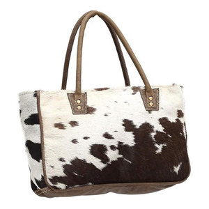<b>Small</b> Cow Print Purse for Women 14x9 Inch <b>Black</b> and White Western Satchel <b>Bag</b> Brown Leather Handle Zipper Top Trendy Cowgirl - Product Image 5