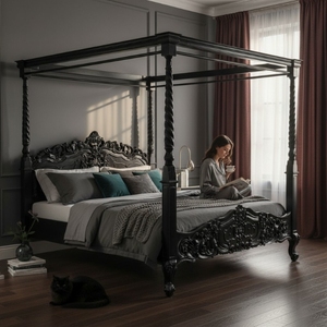 Cama con Dosel Gótica Negra de Lujo, Estructura de Madera Sólida, Estilo Real Europeo Clásico para Recámara Principal 2204448 - Product Image 6