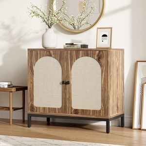 Walnut Wood <b>Cabinet</b> with Rattan Doors Modern Storage Unit <b>Metal</b> Base Stylish Durable Design for Living Room and Entryway Decor - Product Image 1
